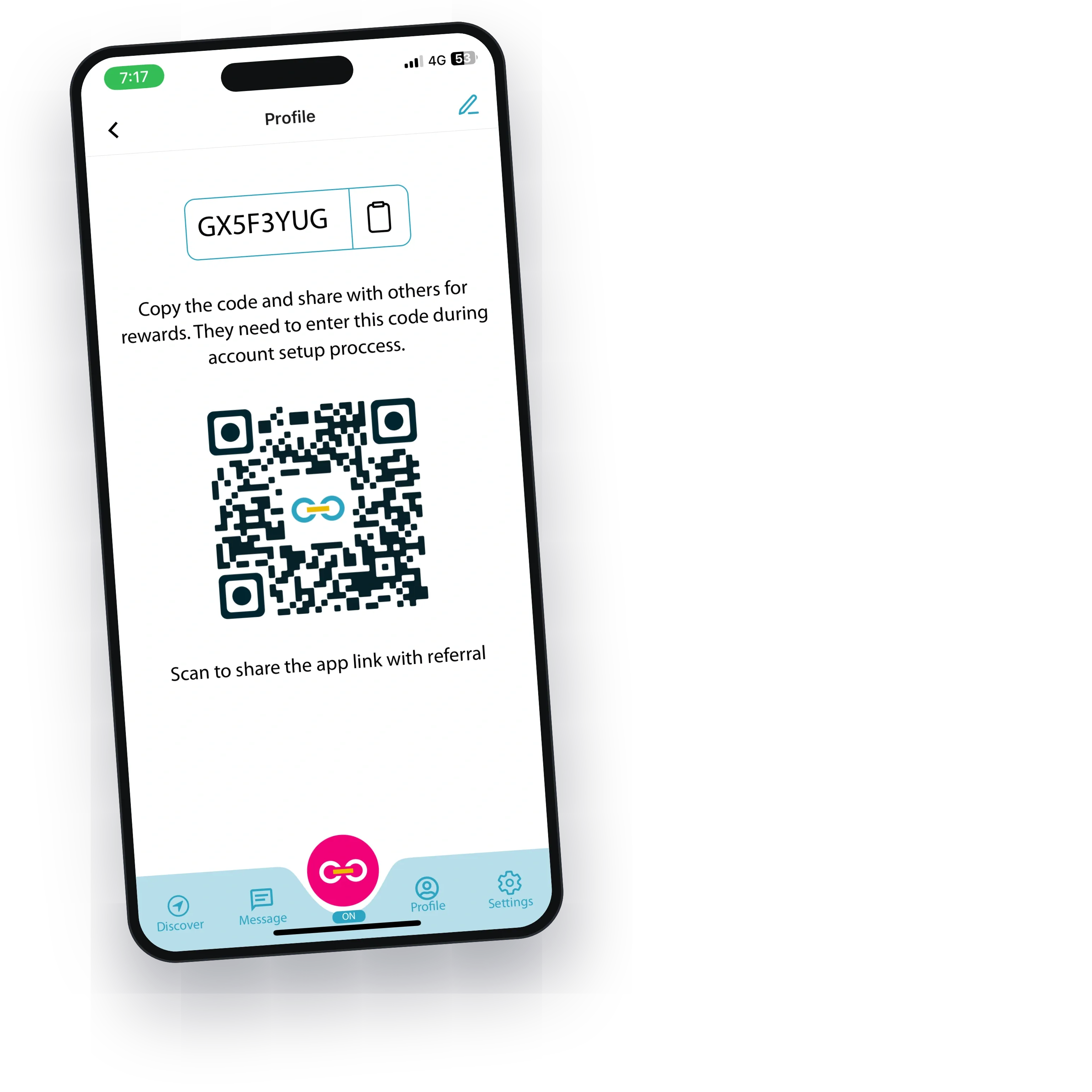 A referral code and a QR code that shares the app link