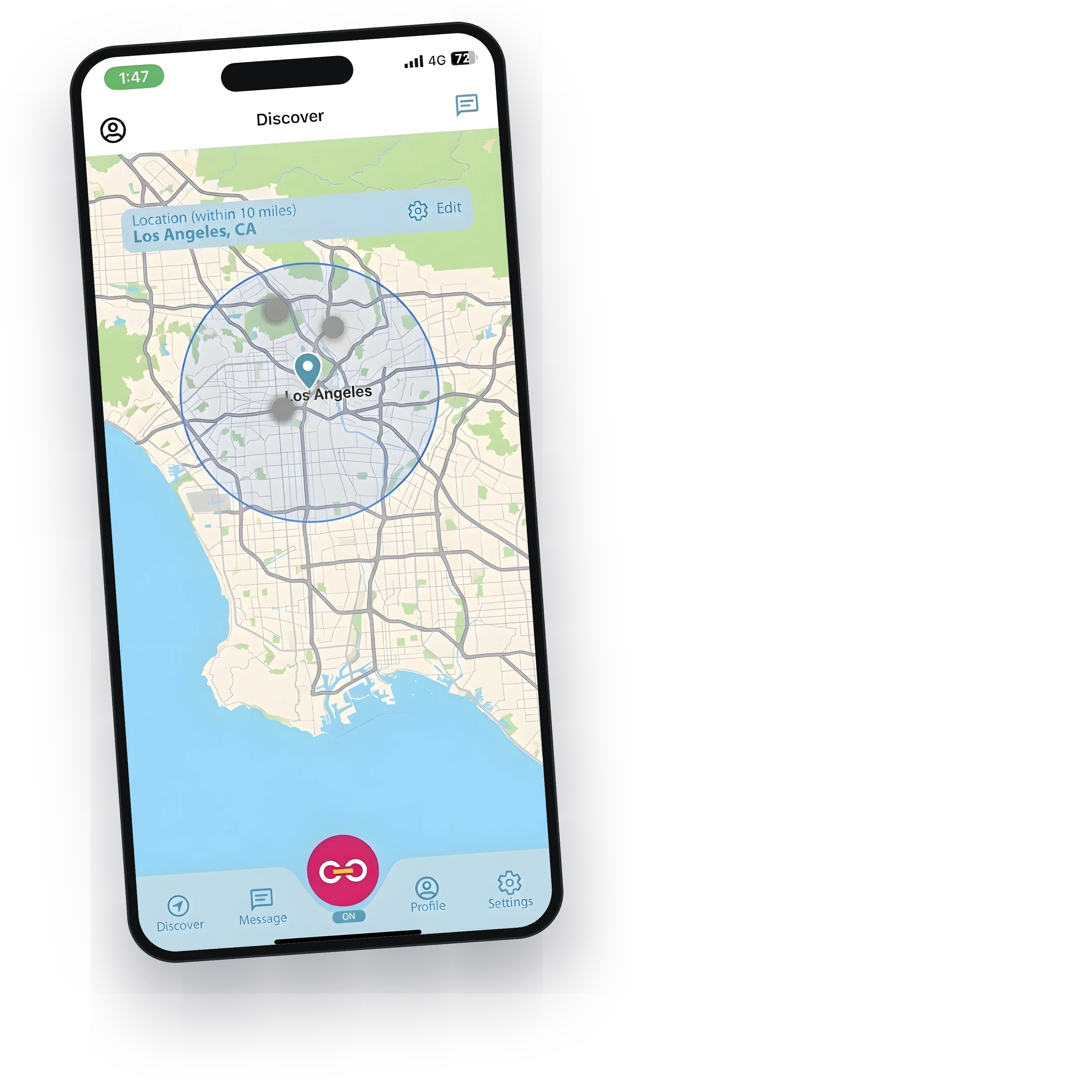 The finalized Discover home screen: the dot on, a ten mile radius over Los Angeles and nearby helpers inside it