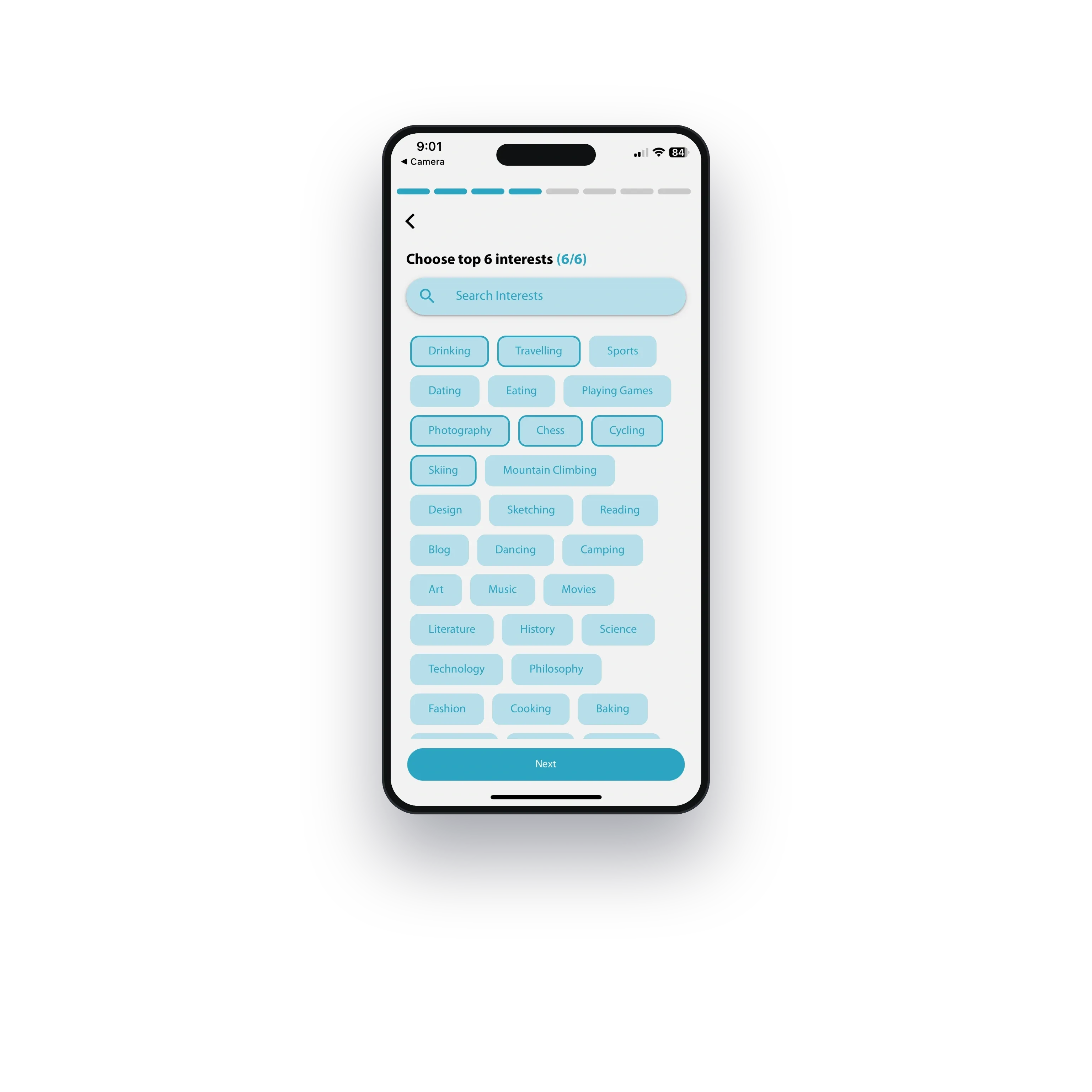 Choosing six interests from a searchable list