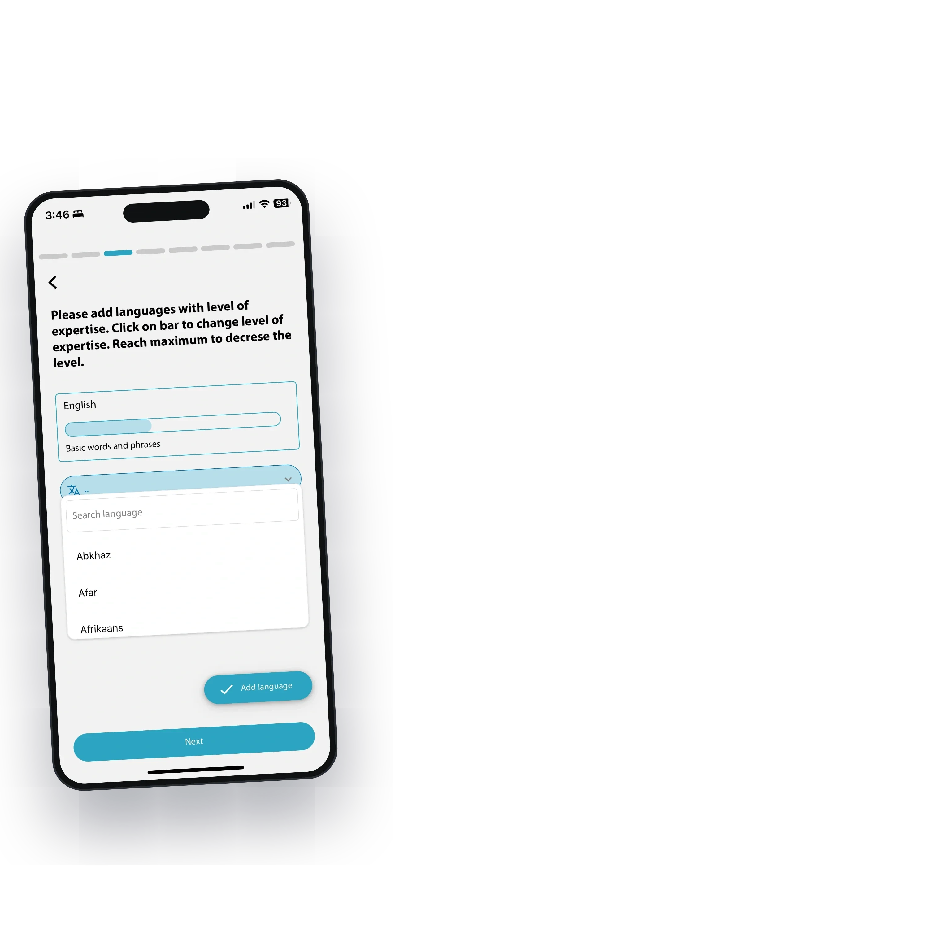 Adding a language with a level of expertise, from basic words and phrases to fluent