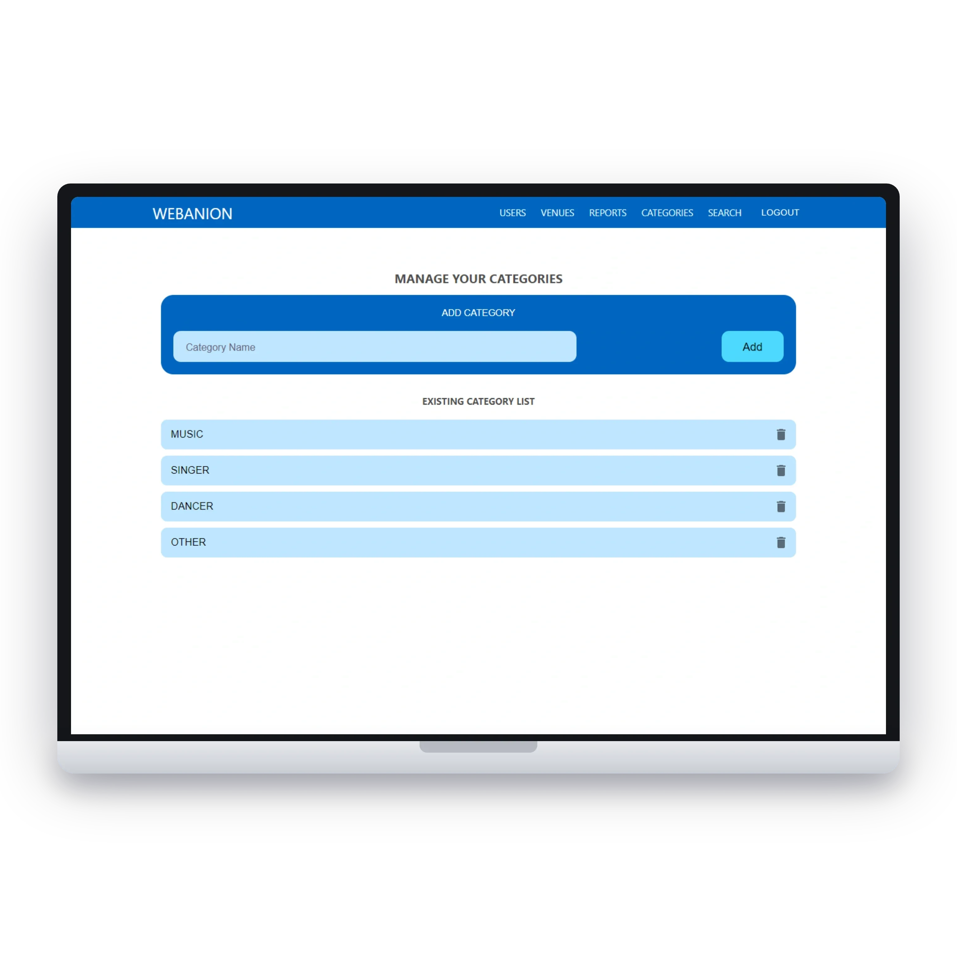 The category manager: add a category, and the existing list of music, singer, dancer and other