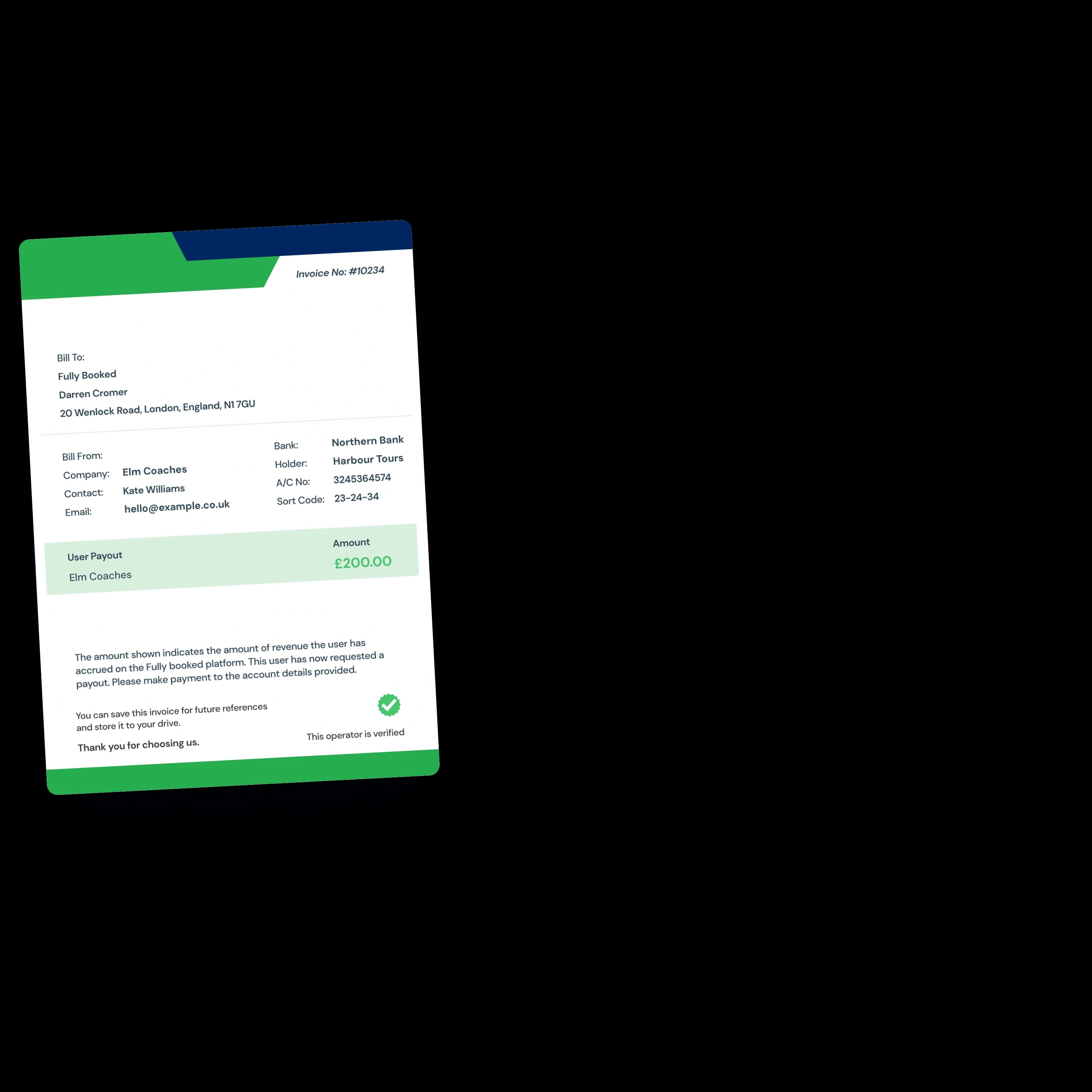 The payout invoice an operator receives when the founder marks a payout paid