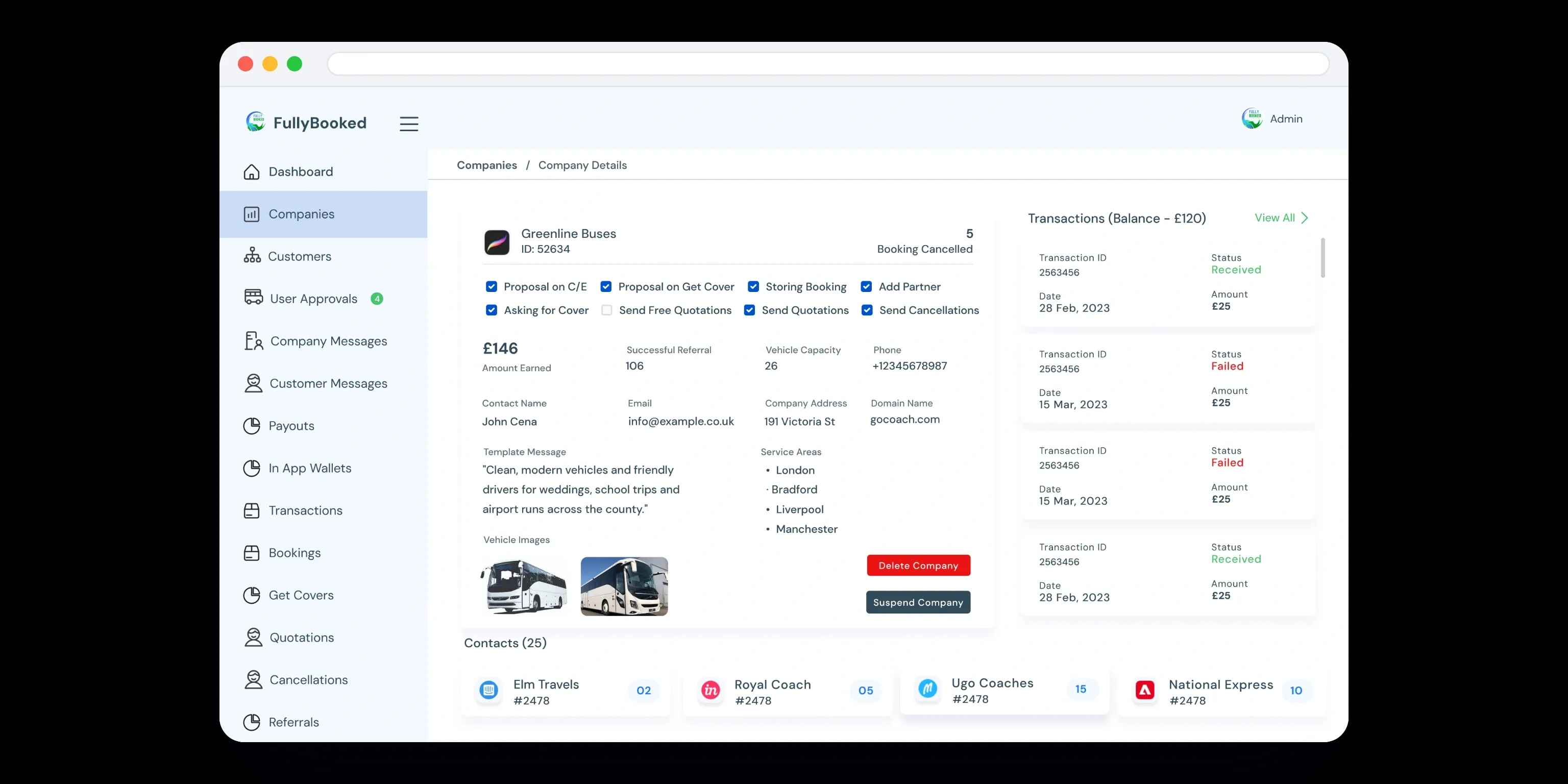 One operator's file: permission switches for proposals, covers, bookings, partners, quotations and cancellations, with suspend and delete