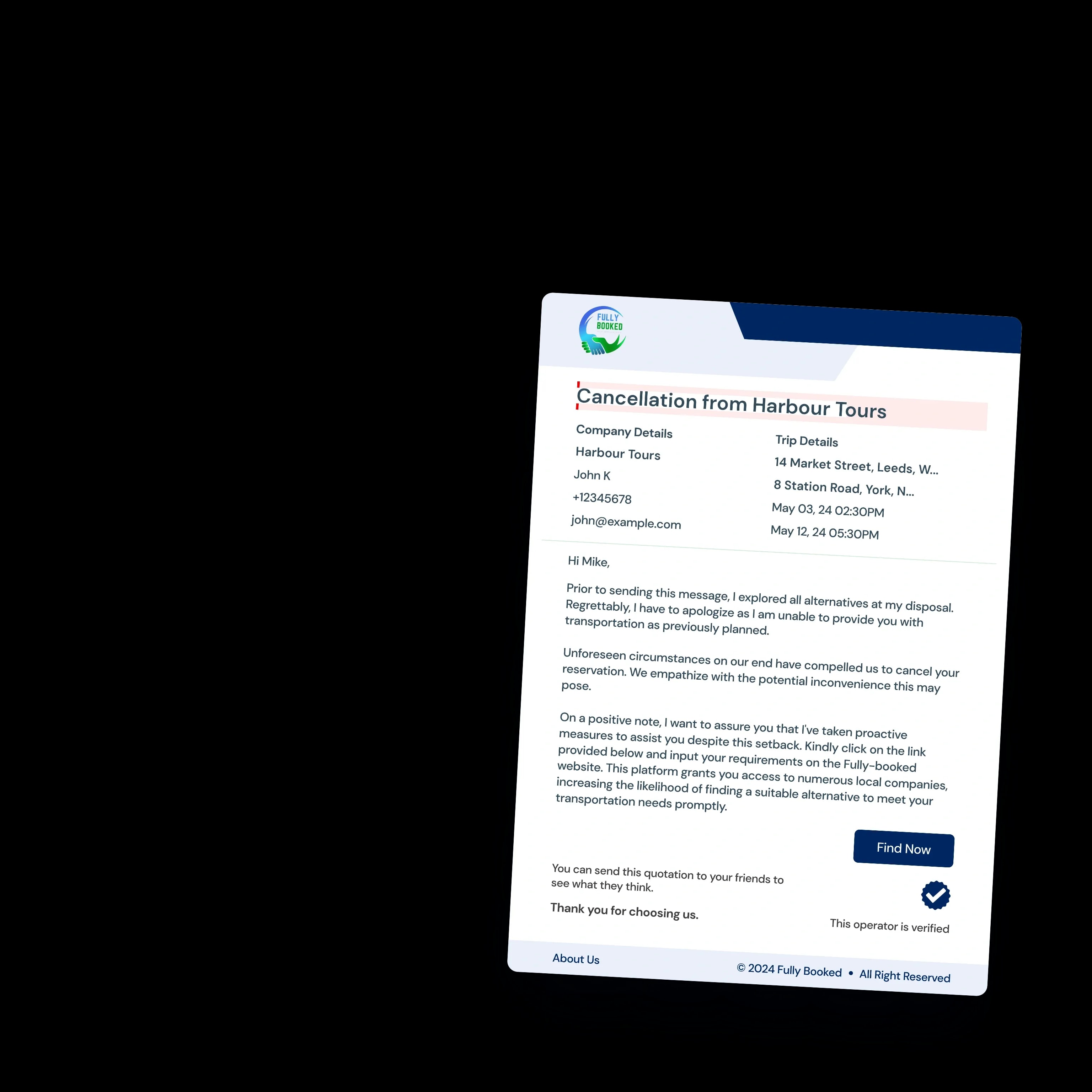 A courteous cancellation letter that sends the customer to the network to rebook