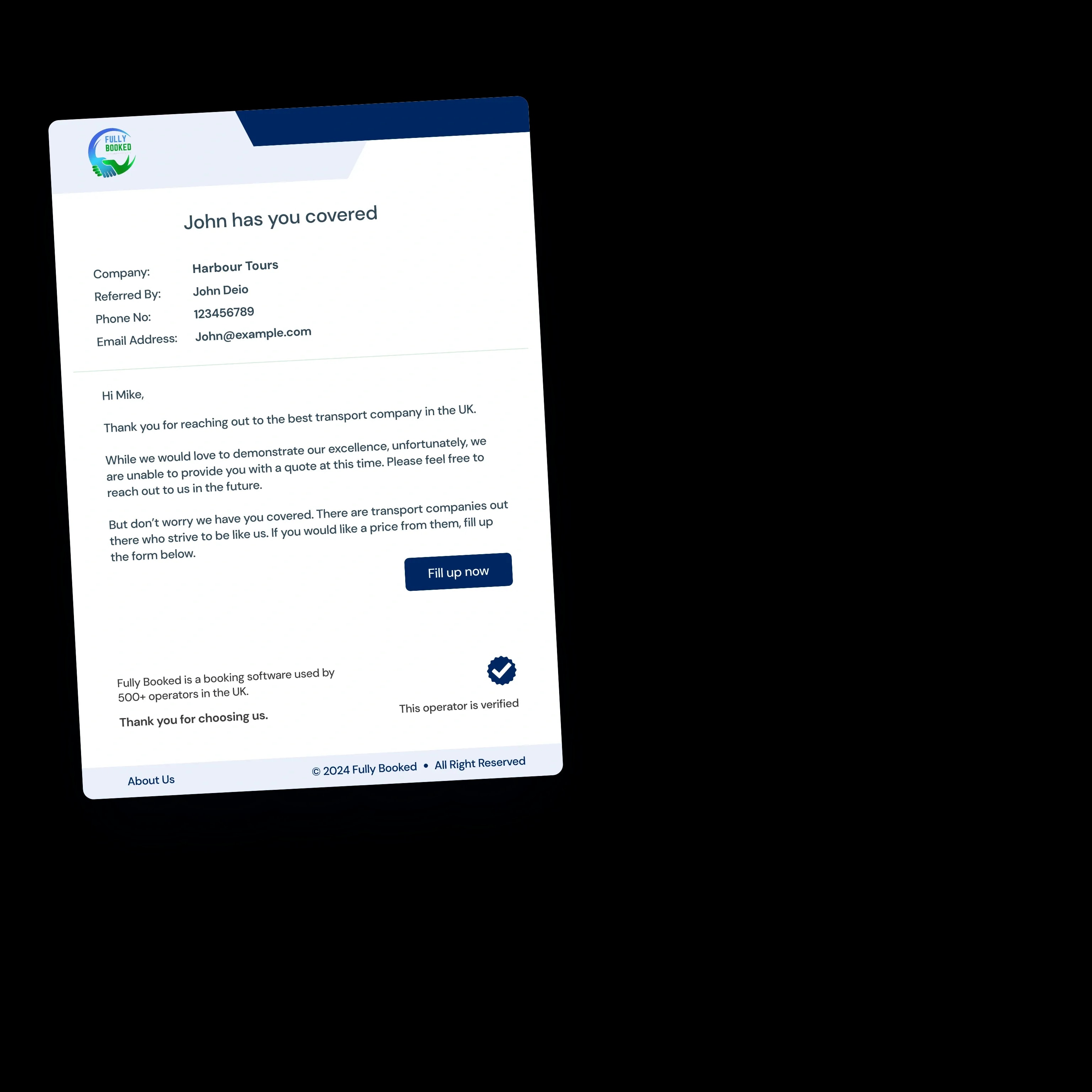 The note a customer receives from a fully booked operator, with a link to prices from other firms