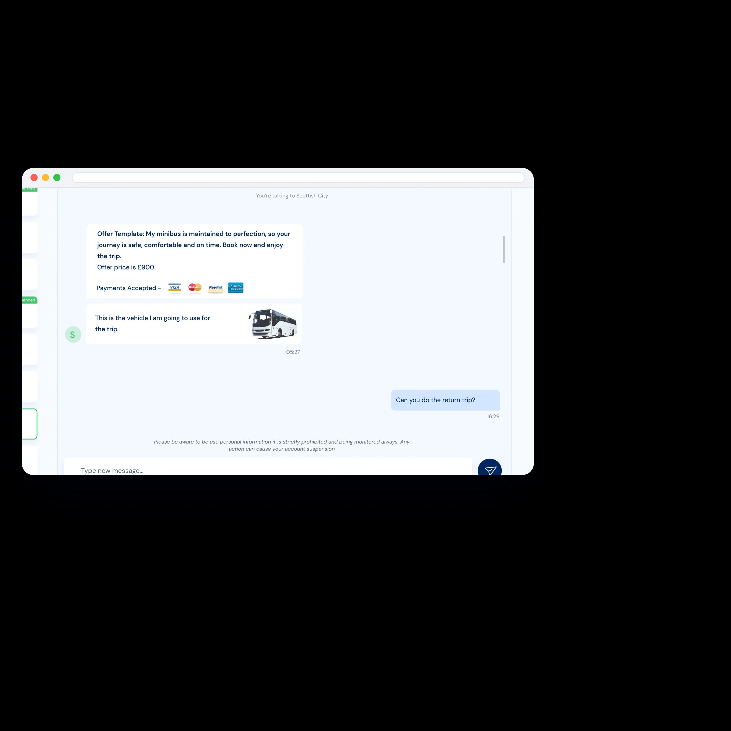 The customer side of the chat in the browser