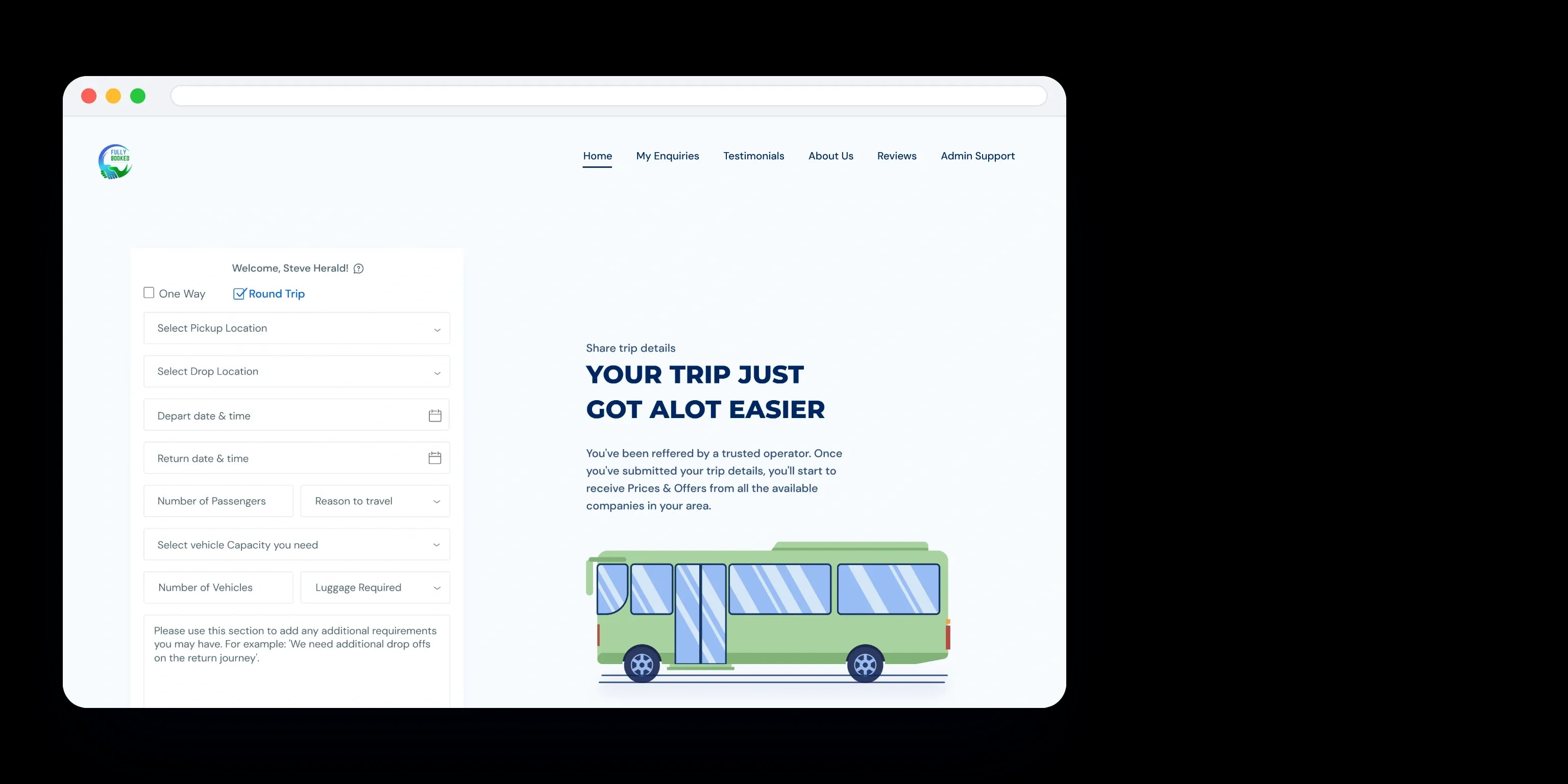The enquiry form: route, dates, passengers, vehicle size, number of vehicles, luggage and reason for travel