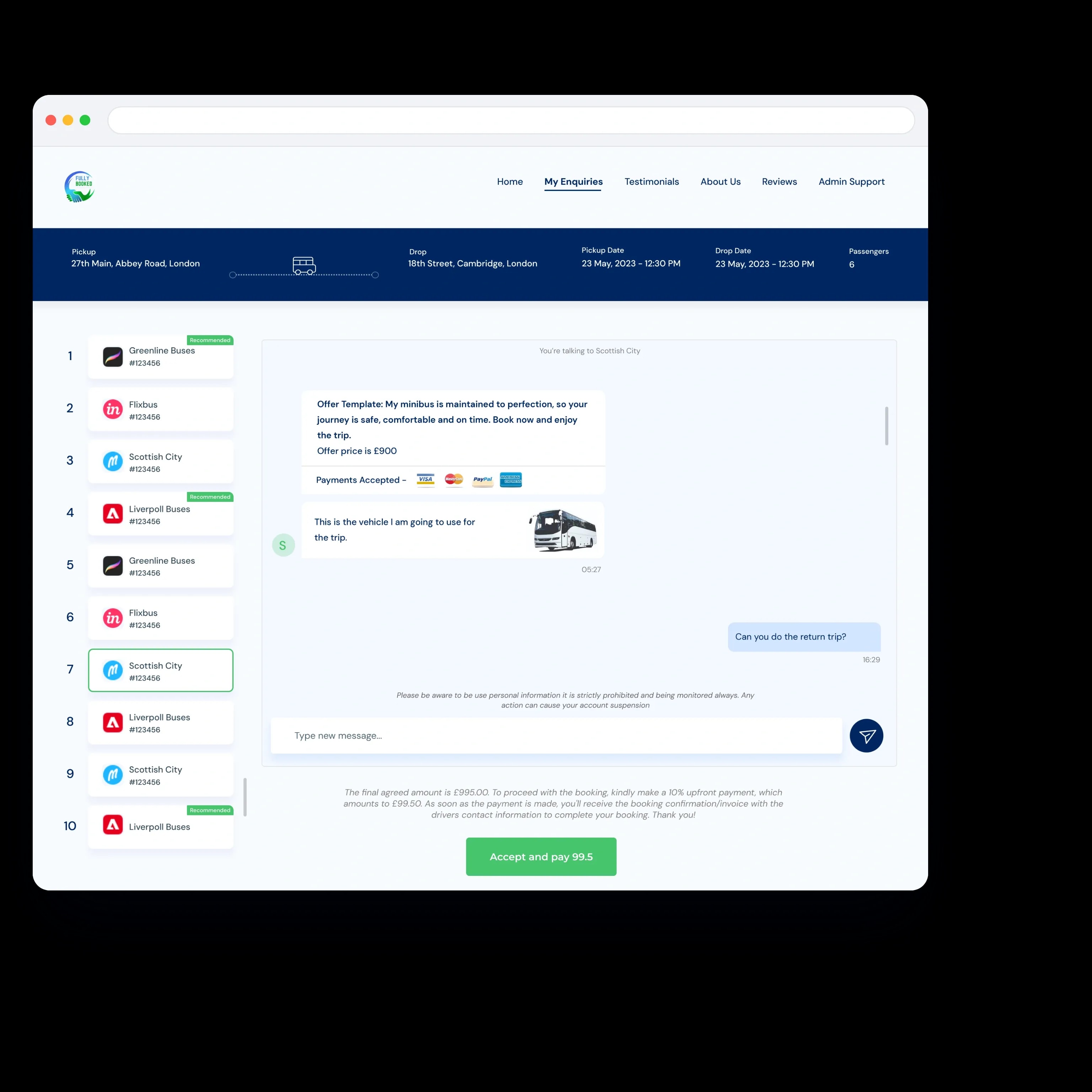 Offers ranked side by side with recommended badges, an operator's offer, vehicle photo and chat