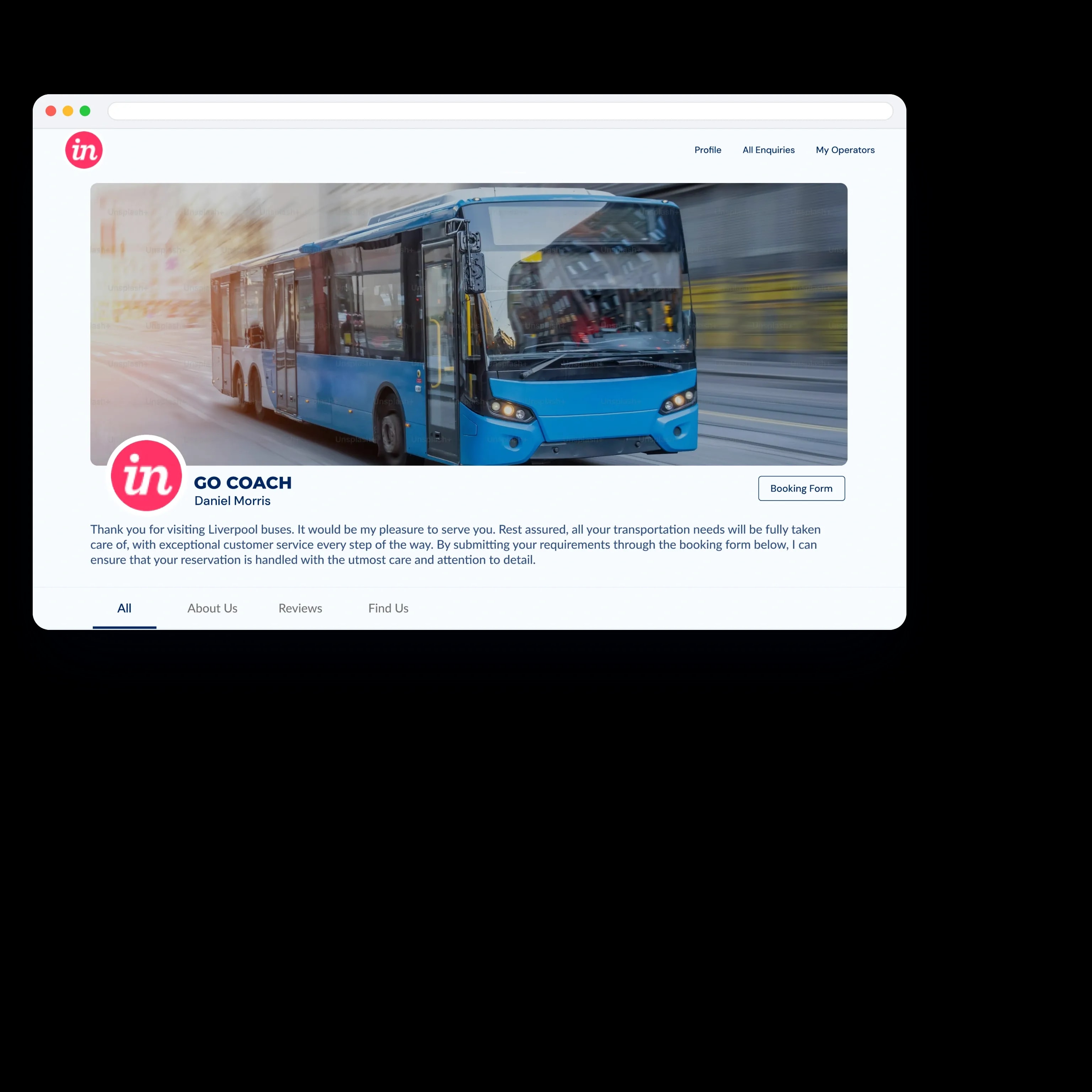 An operator business page with fleet photos and a booking form button