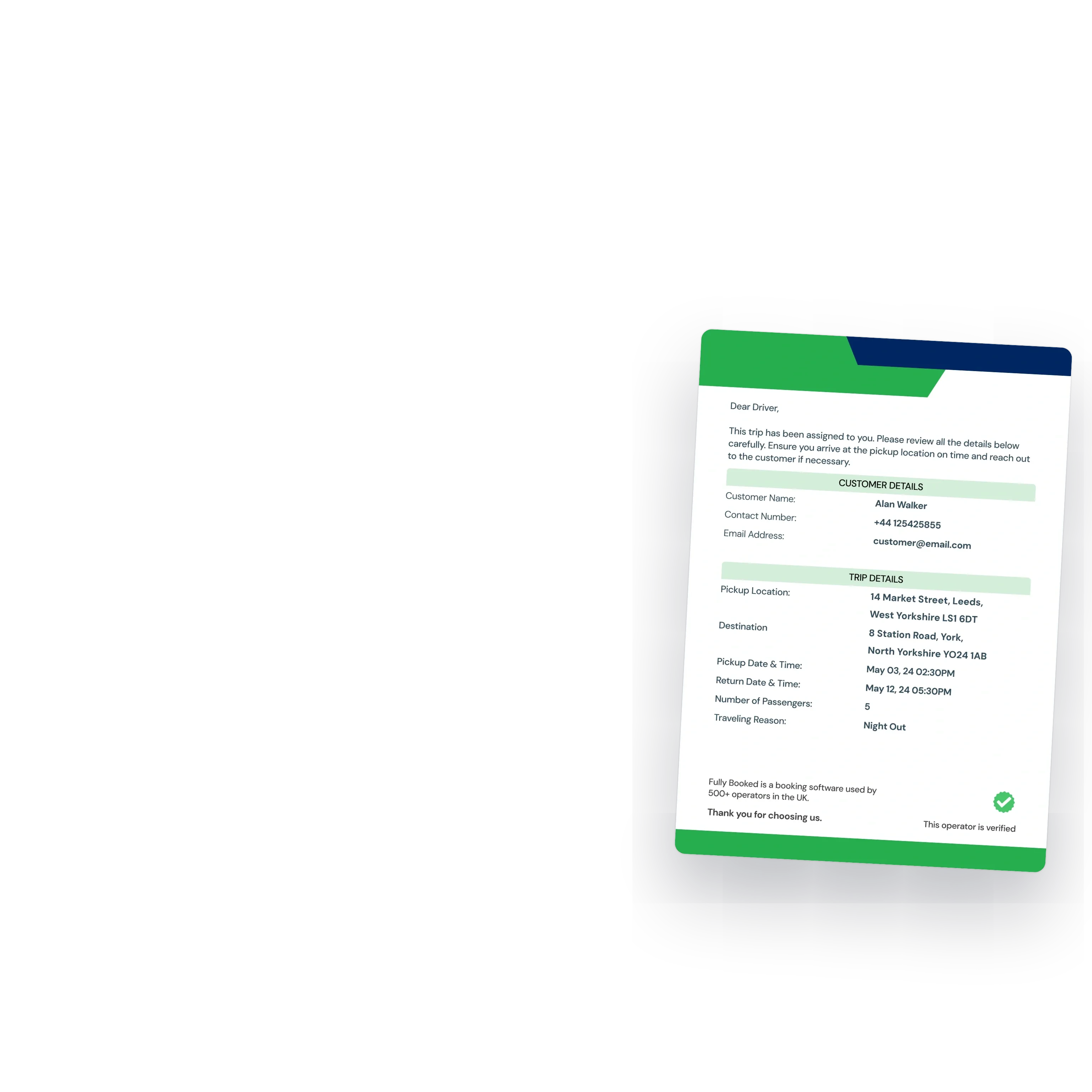 A driver trip sheet rendered on the server