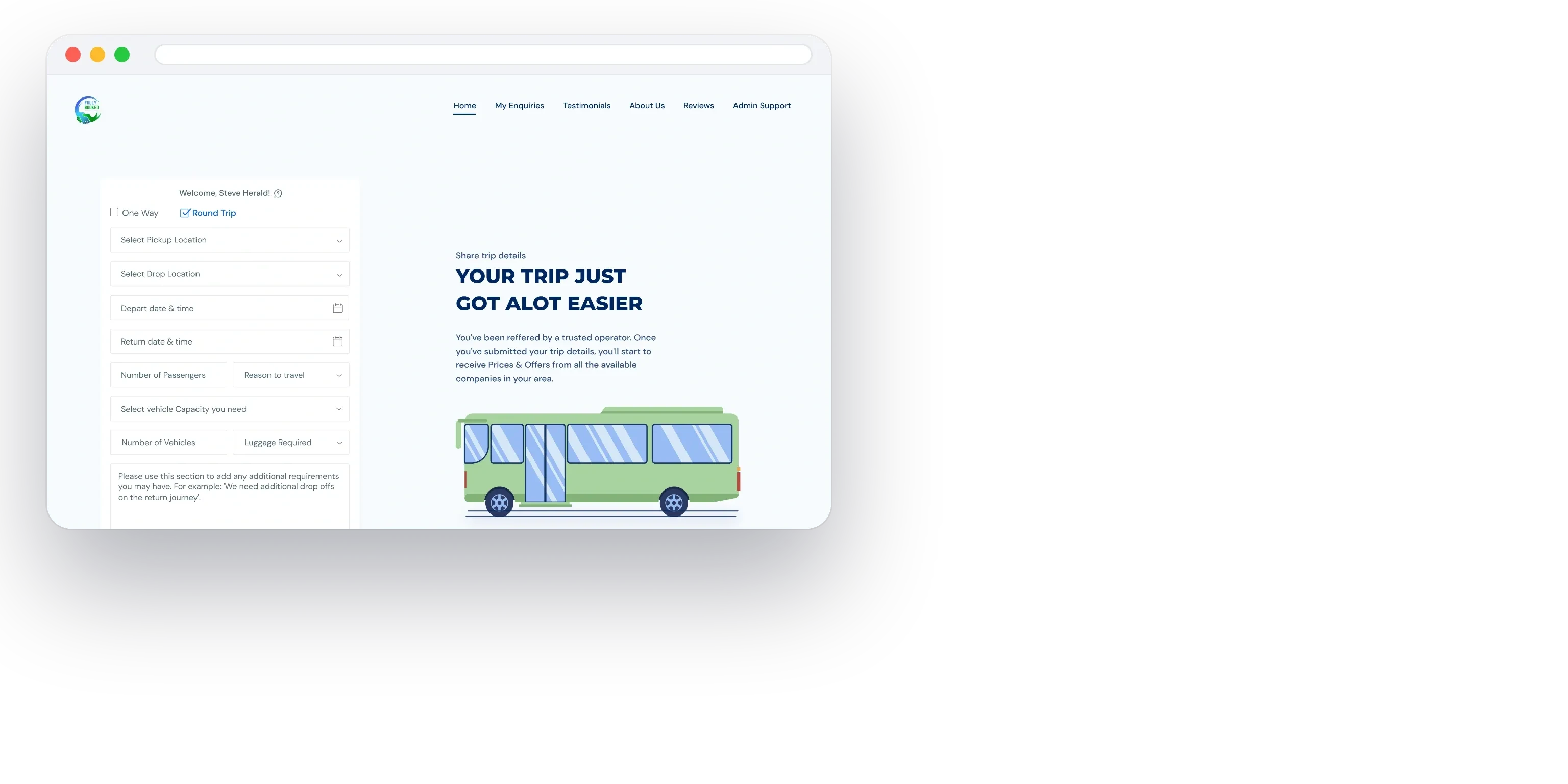 The referral landing page: one form for the trip, and the promise of prices from every available operator
