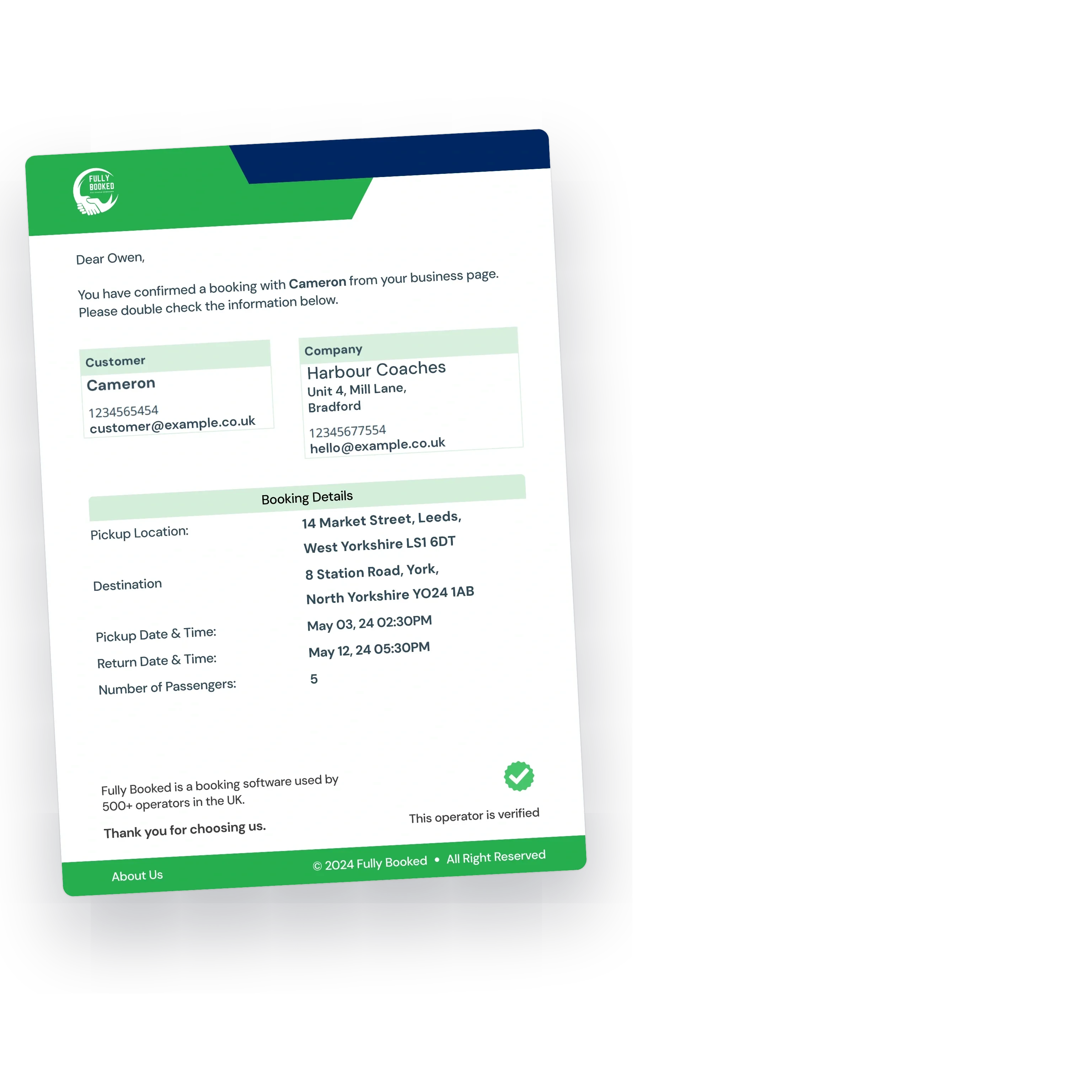 The booking confirmation the operator receives for a direct booking