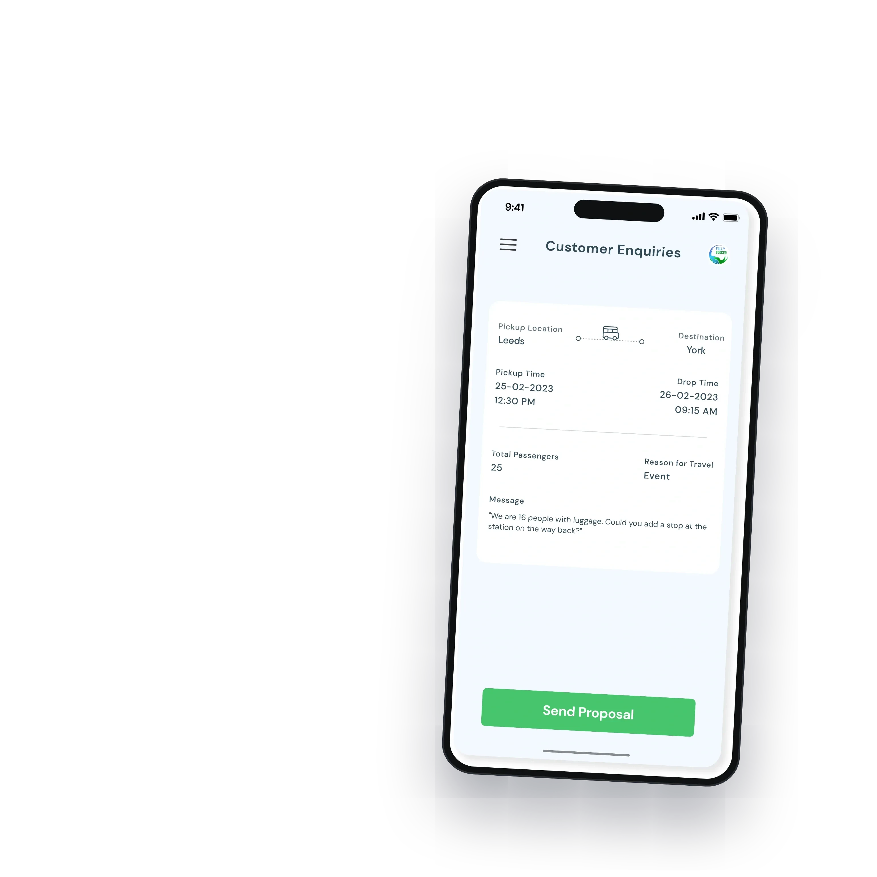 One enquiry with the full trip and the customer's message, ready for a proposal