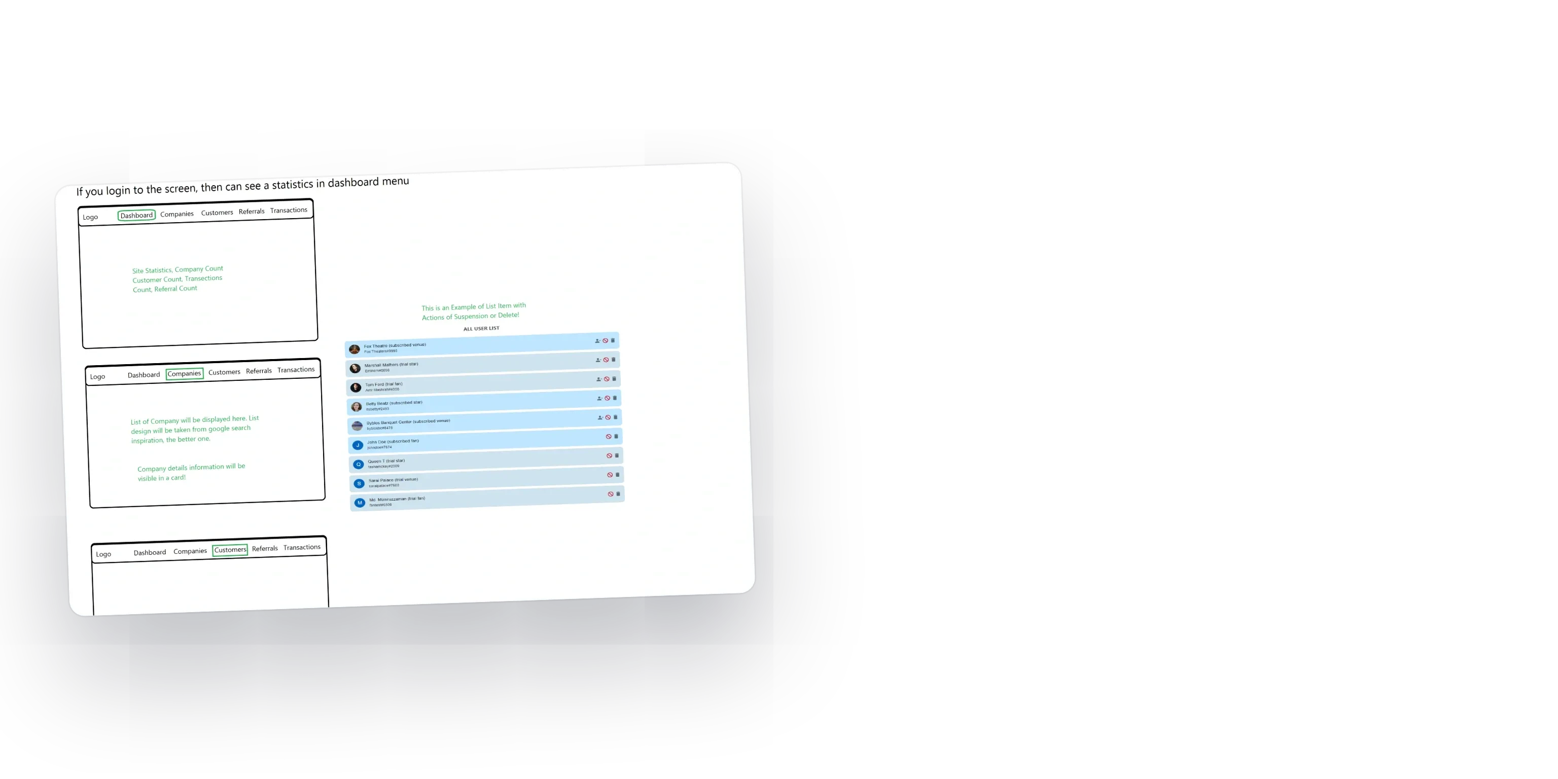 The 2023 admin wireframes: dashboard, companies, customers, referrals, transactions