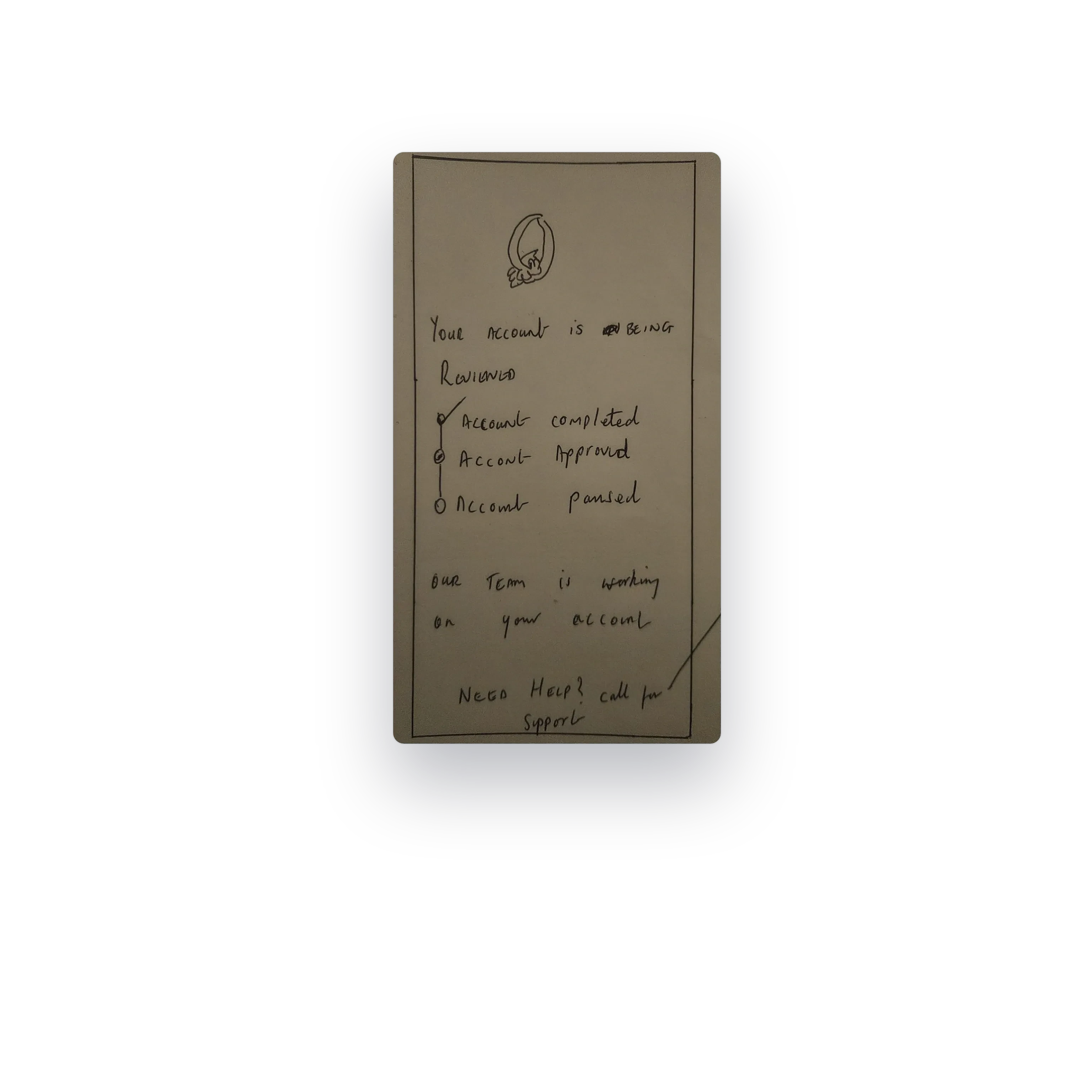 Hand sketch: your account is being reviewed, completed, approved, paused, call for support