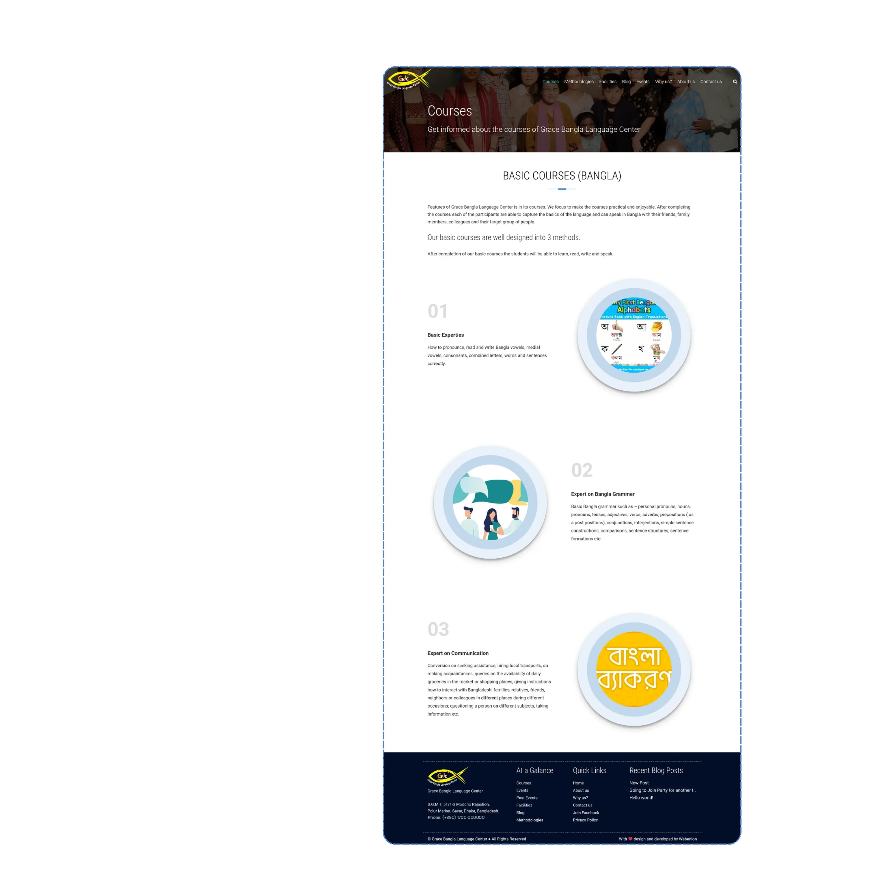The whole courses page: the basic course in three parts, reading and writing, grammar and conversation