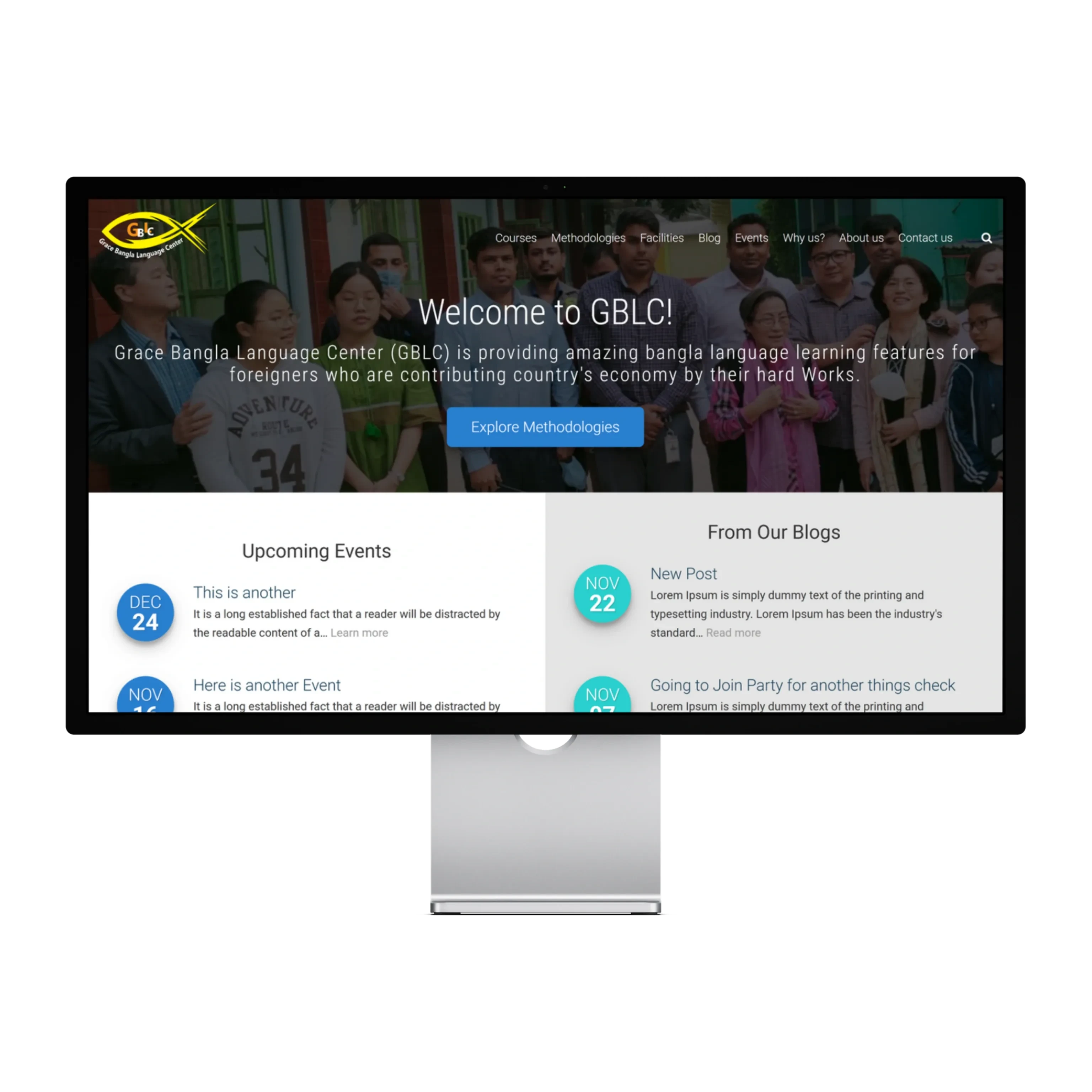 The Grace Bangla home page on a desktop display: a photograph of students and teachers under the welcome