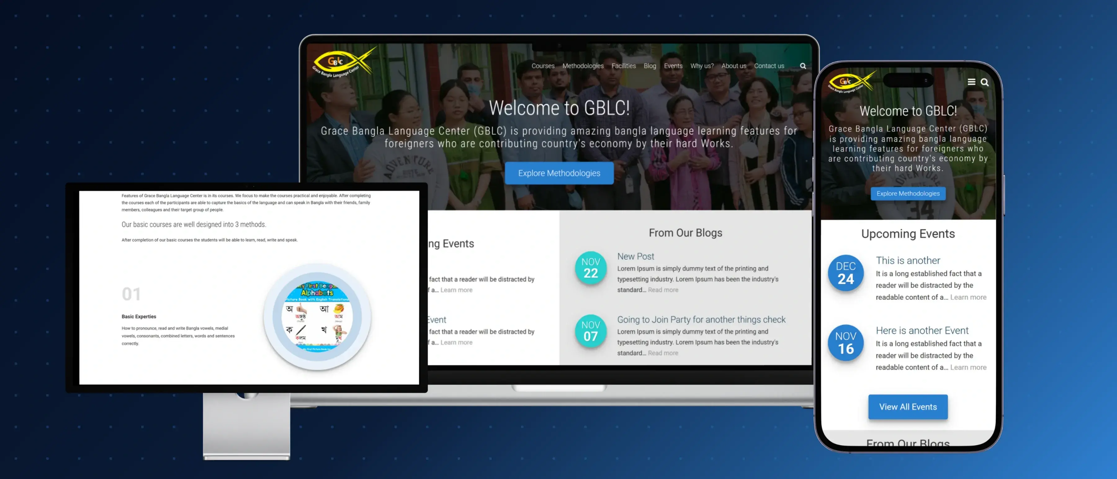 Grace Bangla website on a laptop, a desktop and a phone