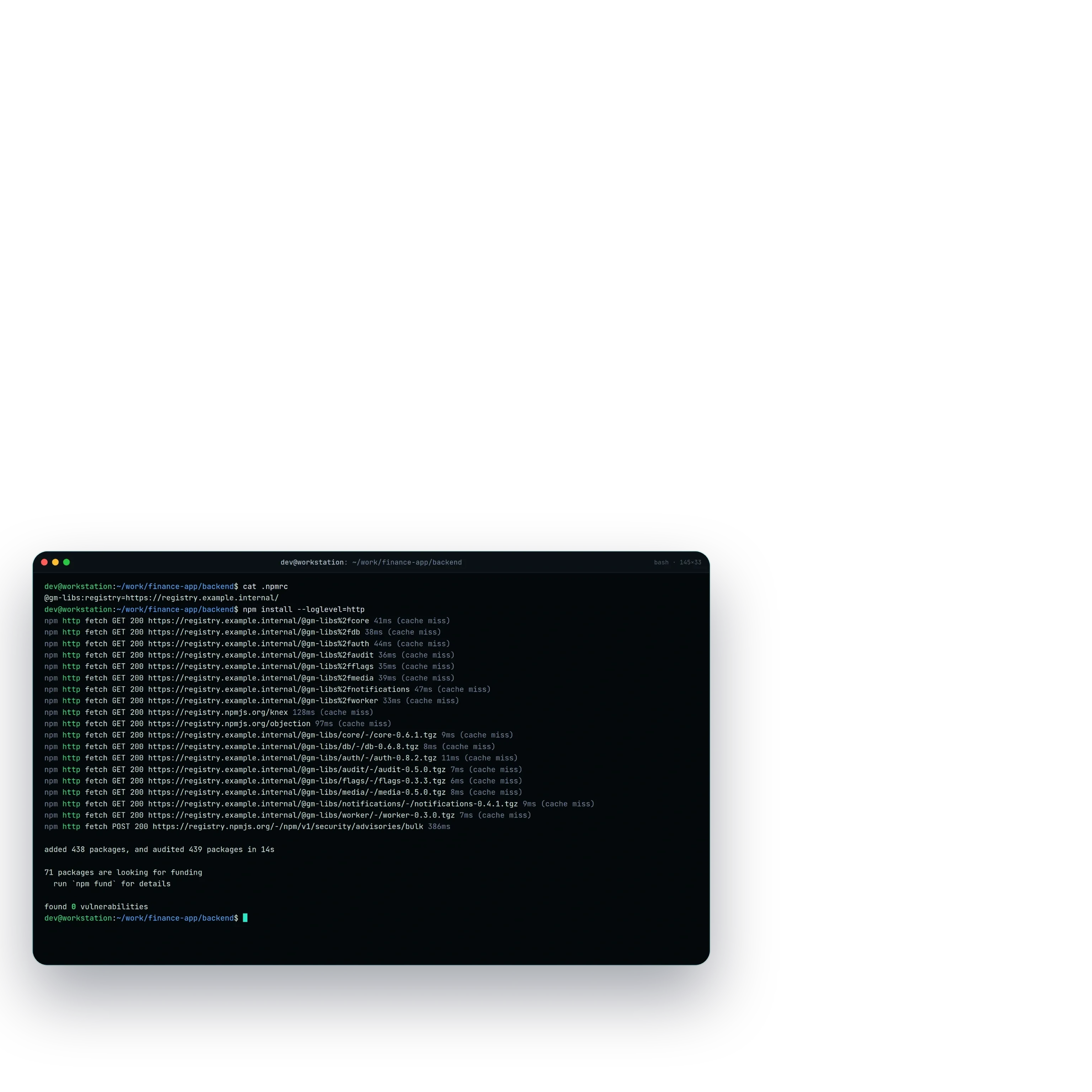 A terminal in a consumer project: its .npmrc points the gm-libs scope at the private registry, and npm install fetches the studio's libraries from it in milliseconds while public packages still come from npmjs