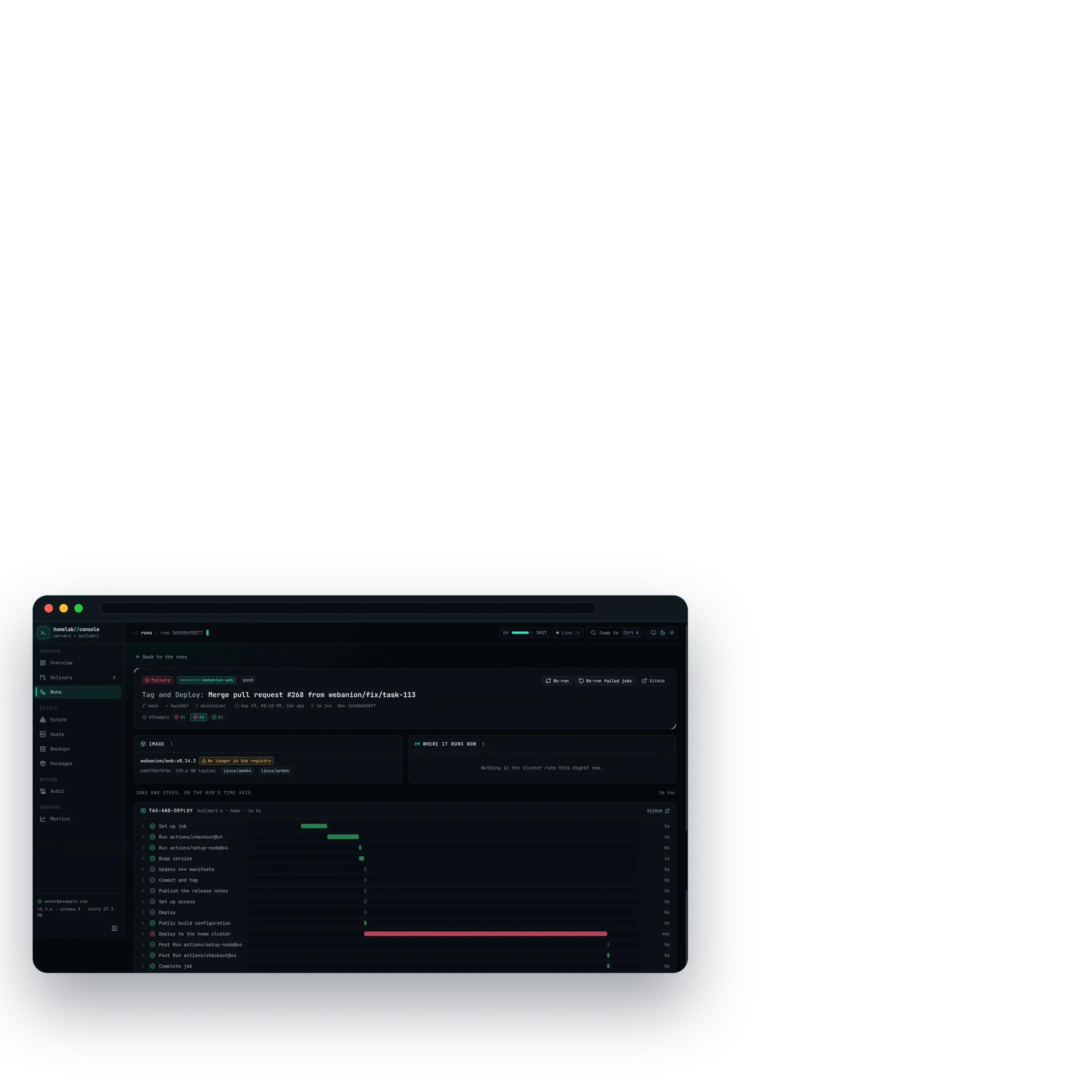 The same deploy's second attempt: the deploy step failed in red after forty-six seconds, with Re-run failed jobs offered beside Re-run