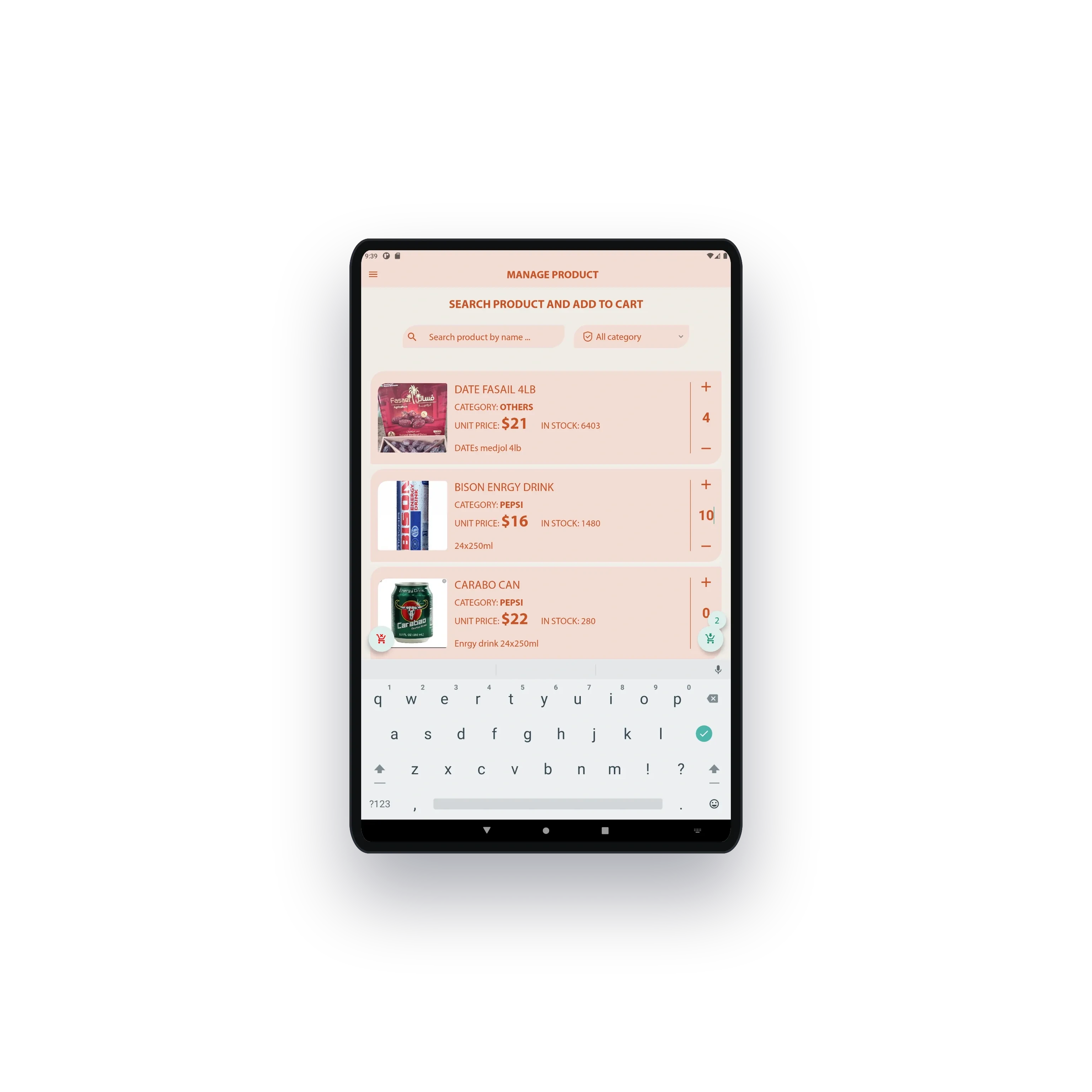 Products with photo, category, unit price and stock left, added to the cart by quantity