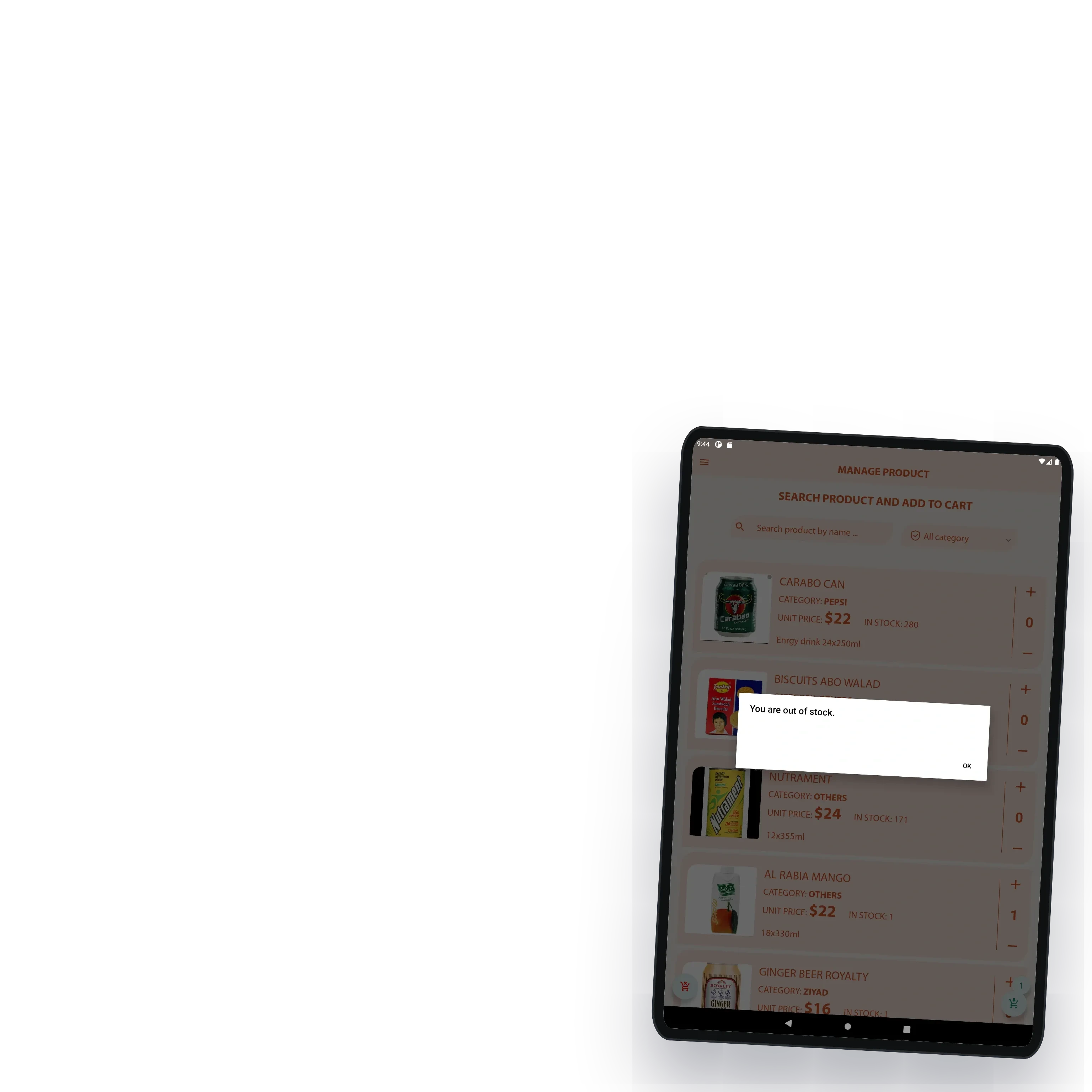 The app refusing an order line because the product is out of stock