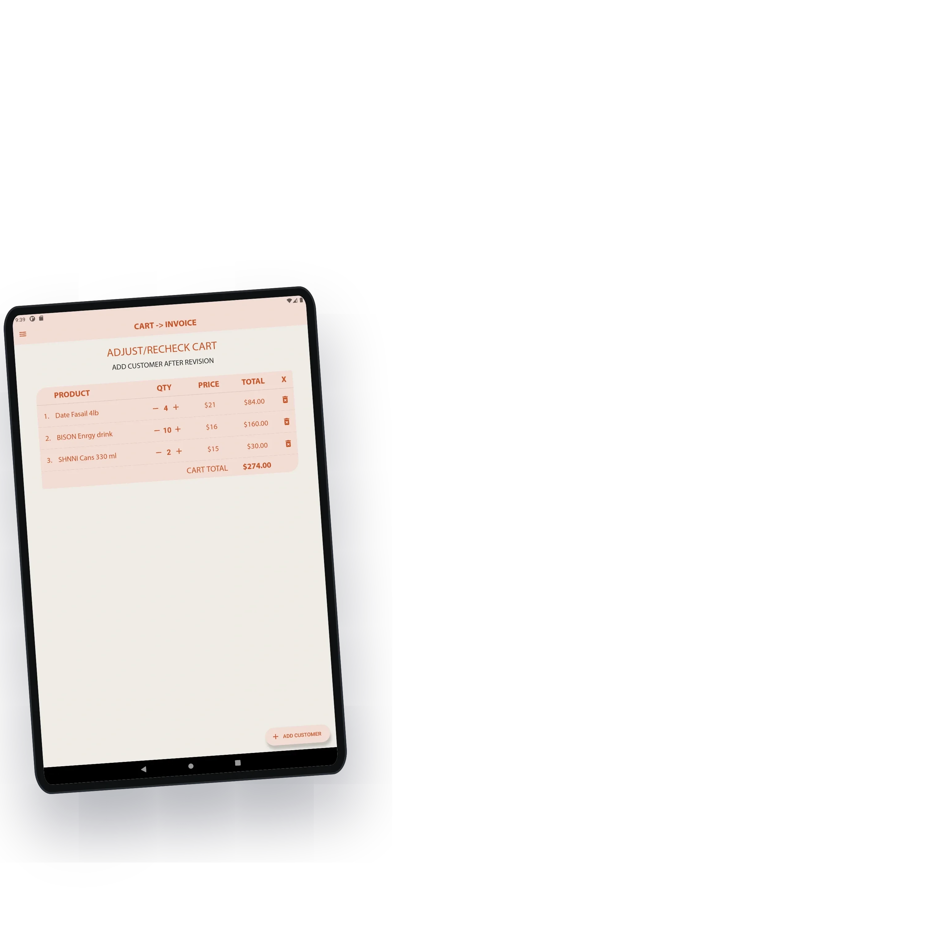 The cart rechecked with the shop owner: products, quantities and cart total