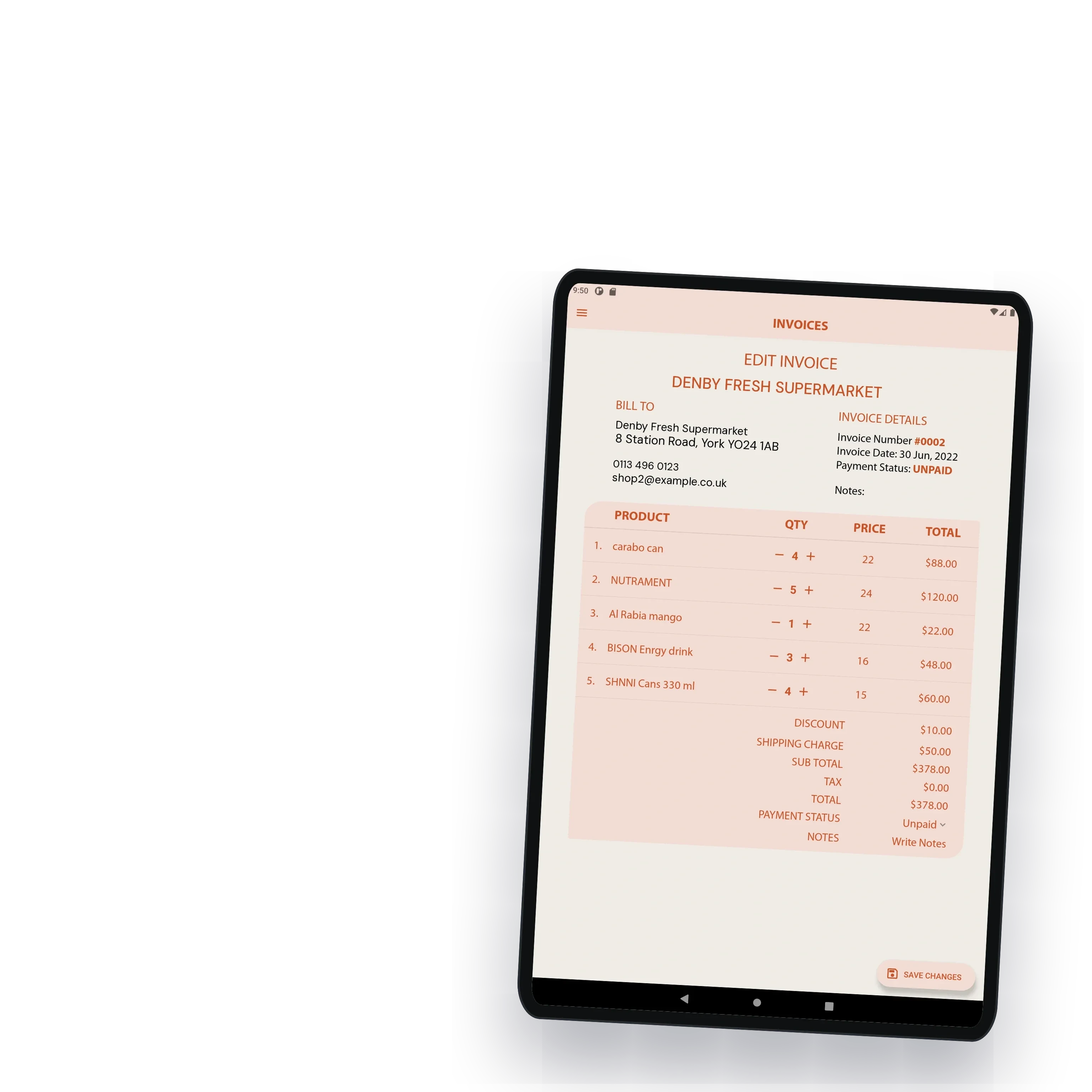 An invoice reopened for editing, quantities and charges adjustable
