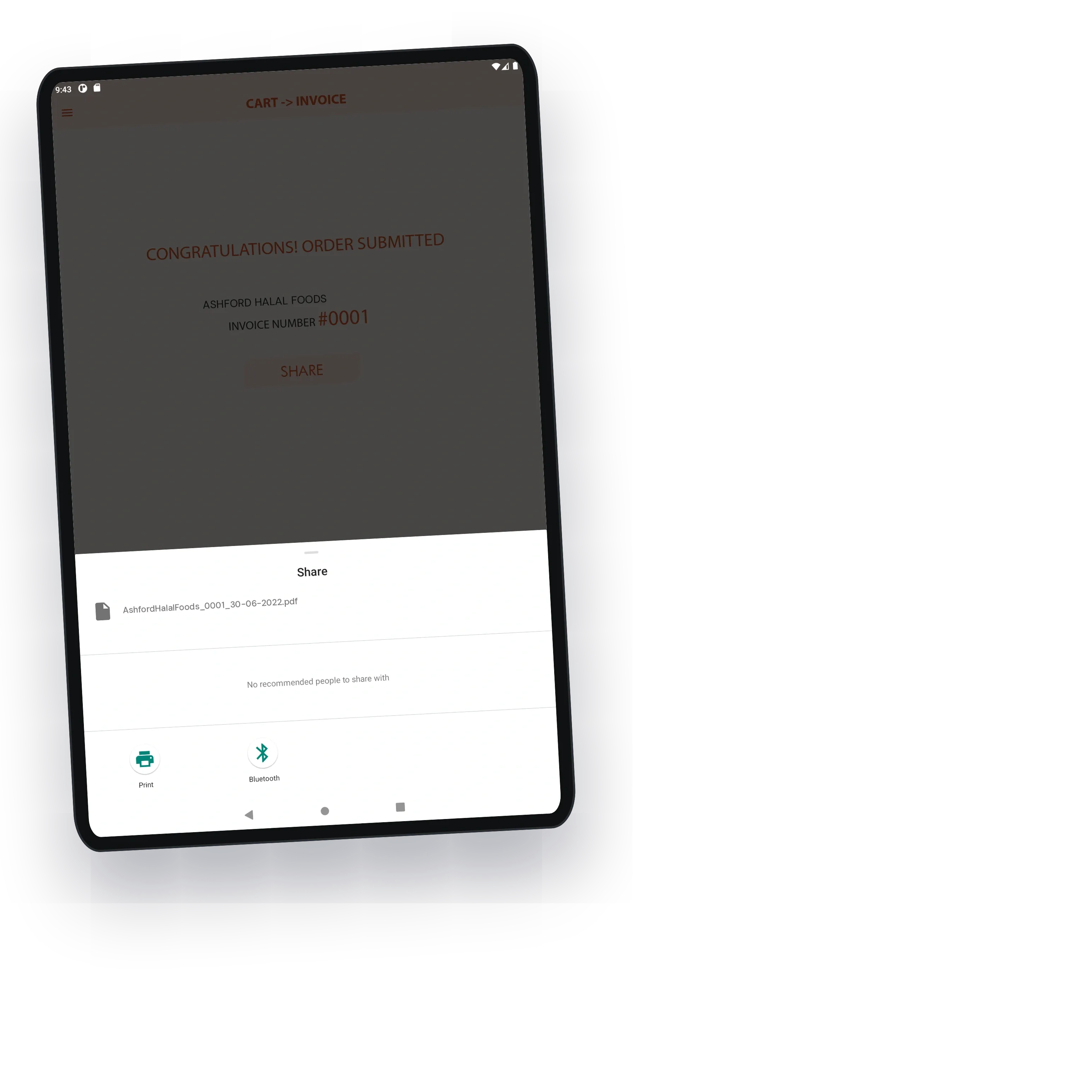 Order submitted, with the invoice PDF ready to print or send over Bluetooth
