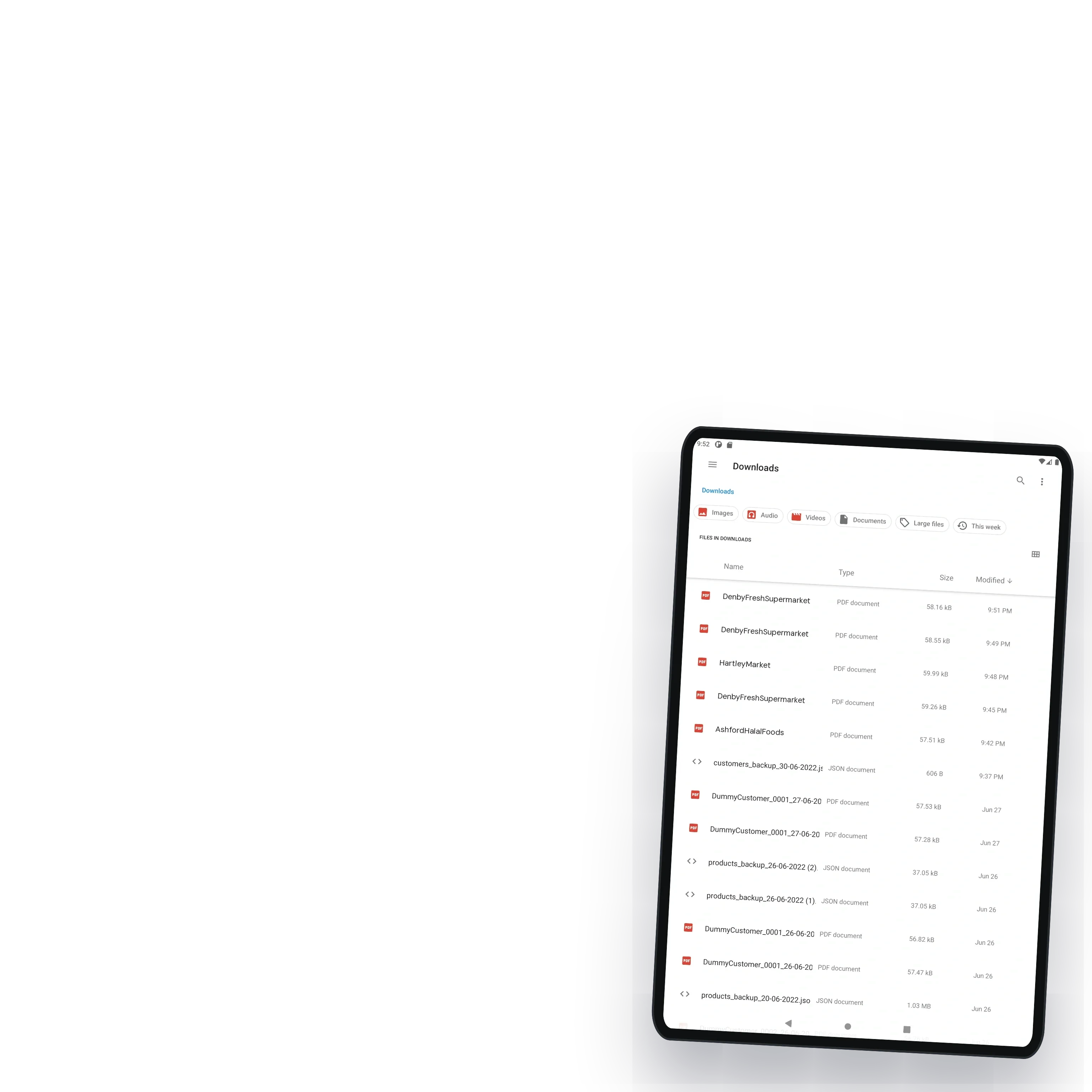 Invoice PDFs and dated catalogue and customer backups in the tablet downloads