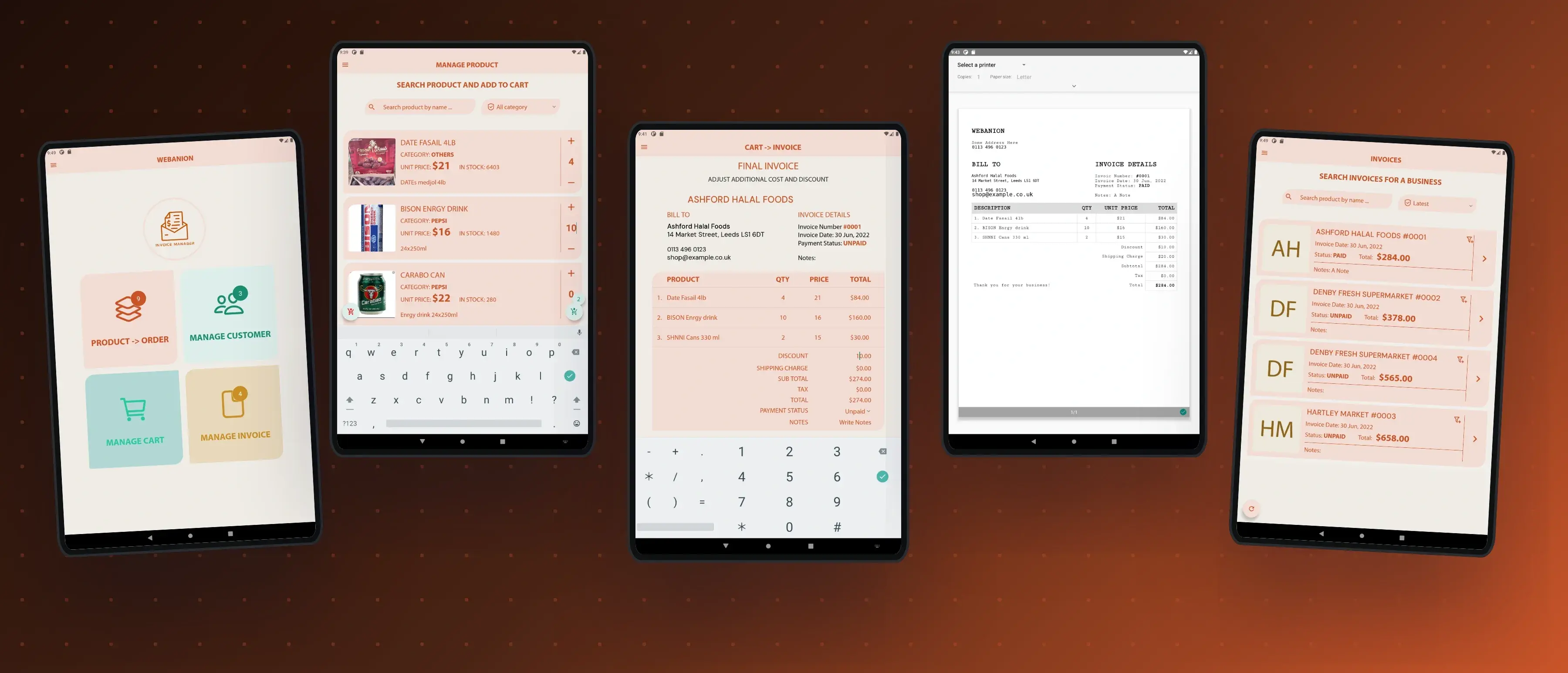 Invoice Manager tablet screens: invoice, home and print