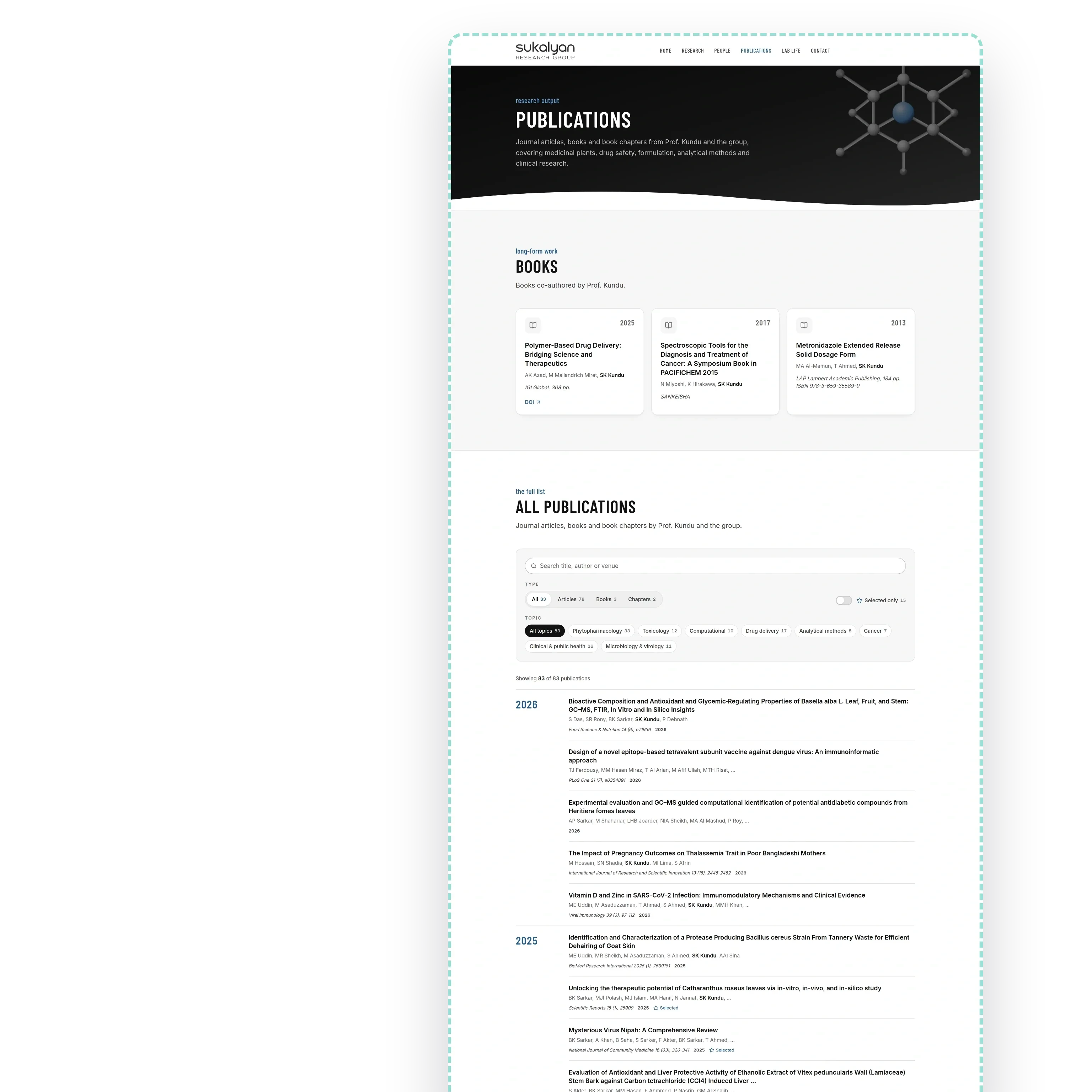 The publications page: three books in cards, then the filterable list of eighty-three papers grouped by year